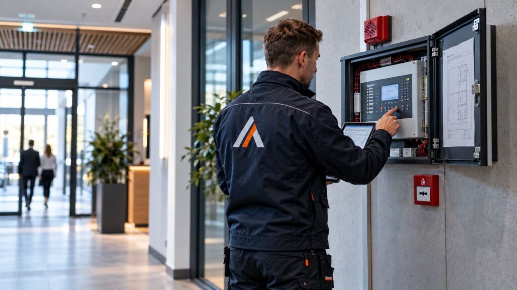 Alventa servicetechnicus controleert een brandmeldcentrale in een bedrijfsentree