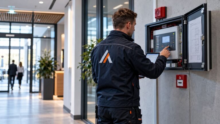 Alventa servicetechnicus controleert een brandmeldcentrale in een bedrijfsentree