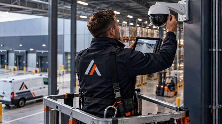 Onderhoud aan een CCTV-domecamera in een logistiek distributiecentrum
