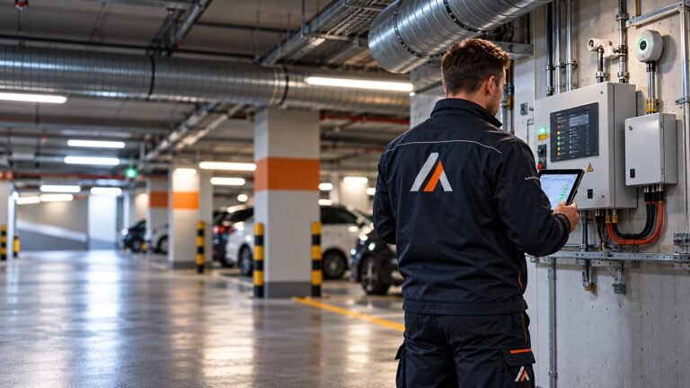 Alventa monteur controleert CO-detectiecentrale in een parkeergarage met tablet