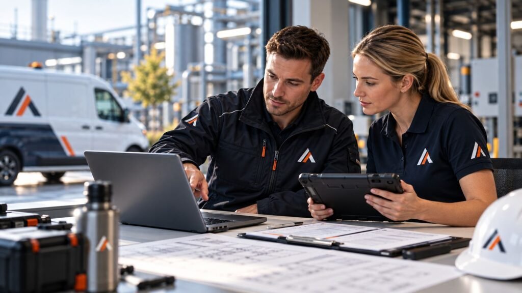 Alventa technici bespreken een inspectierapport aan een werktafel