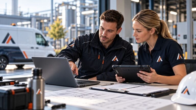 Alventa technici bespreken een inspectierapport aan een werktafel