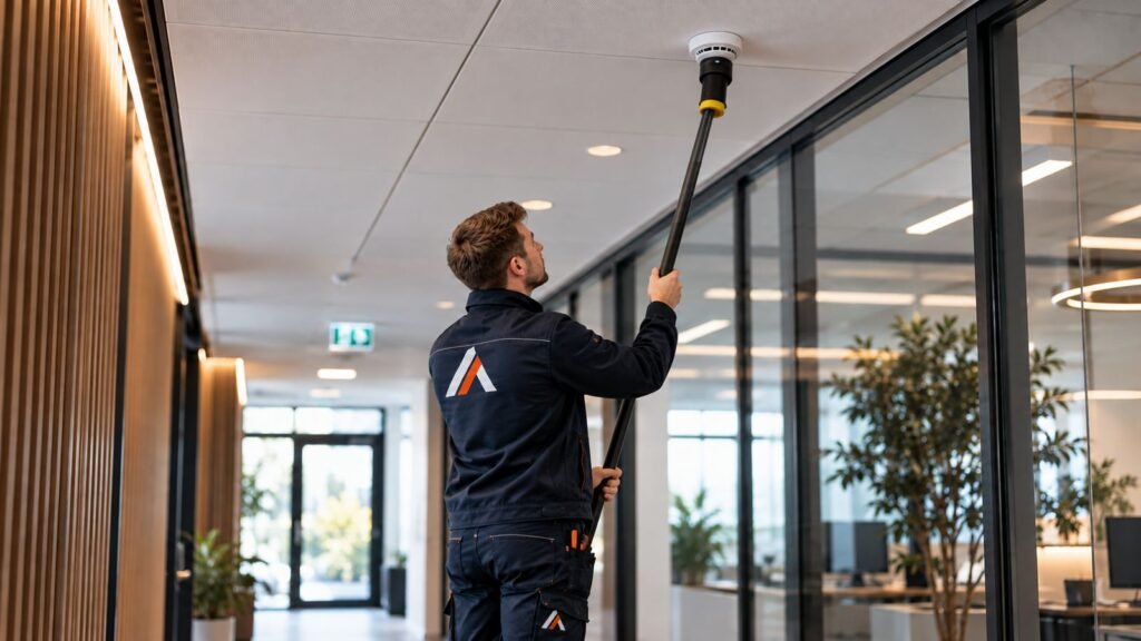 Alventa monteur test een rookmelder van de brandmeldinstallatie in een kantoorgebouw