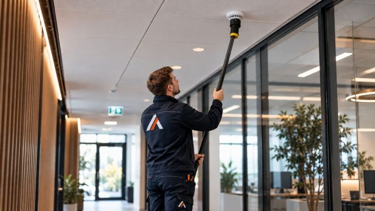 Alventa monteur test een rookmelder van de brandmeldinstallatie in een kantoorgebouw