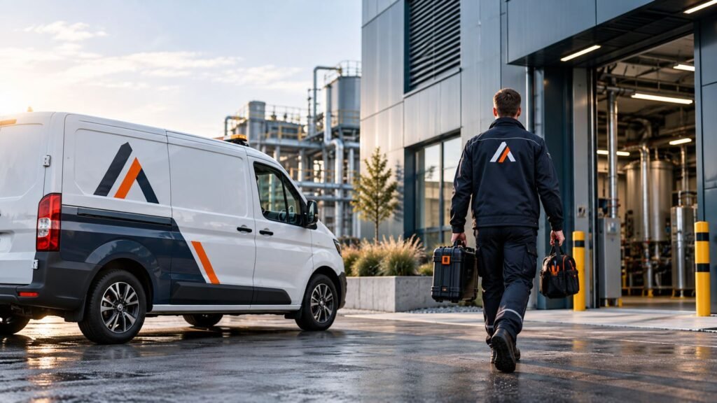 Alventa servicemonteur loopt met gereedschap naar een bedrijfspand, servicebus op de voorgrond