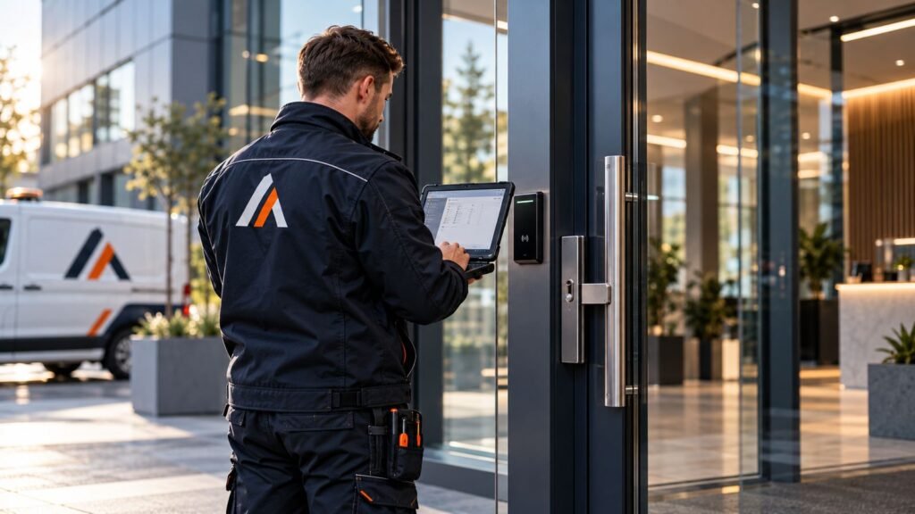Controle van een kaartlezer van het toegangscontrolesysteem bij een kantoorentree
