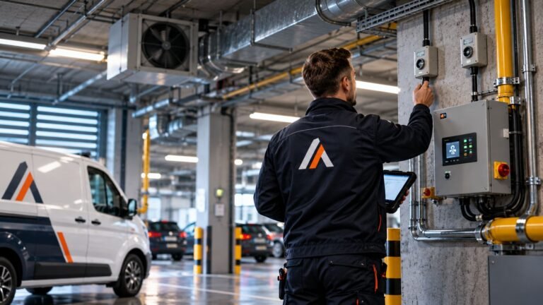 Monteur controleert gasdetectie en ventilatiesturing in een parkeergarage